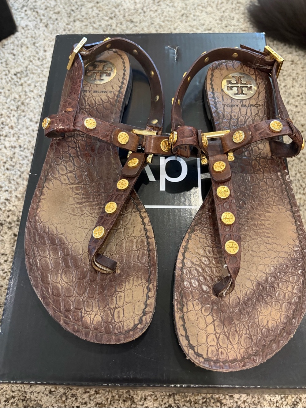 Tory Burch Brown Leather Gold-Accent Stud Sandals